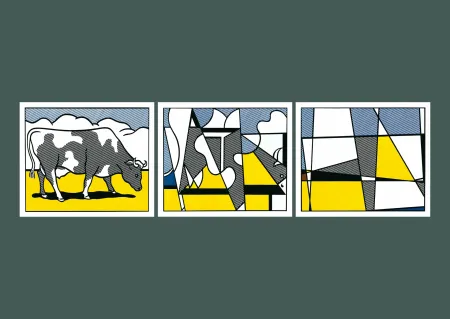 Lithografie Lichtenstein - 'Cow Going Abstract' 1982 Offset-lithograph Triptych Set