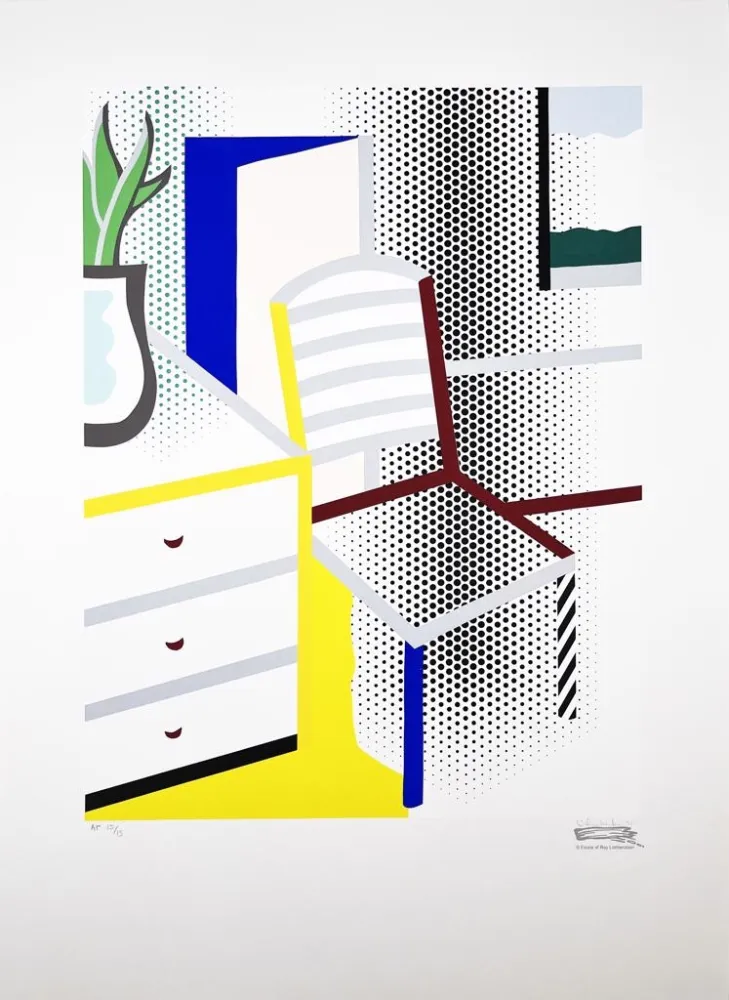 Zeefdruk Lichtenstein - Interior with Chair from the Leo Castelli 90th Birthday portfolio