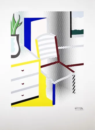 Zeefdruk Lichtenstein - Interior with Chair from the Leo Castelli 90th Birthday portfolio