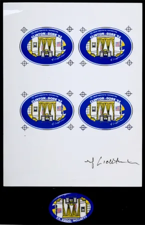 Zeefdruk Lichtenstein - The Oval Office, 1992 - Highly collectible set (Silkscreen on metallic pin & Silkscreen on paper)!