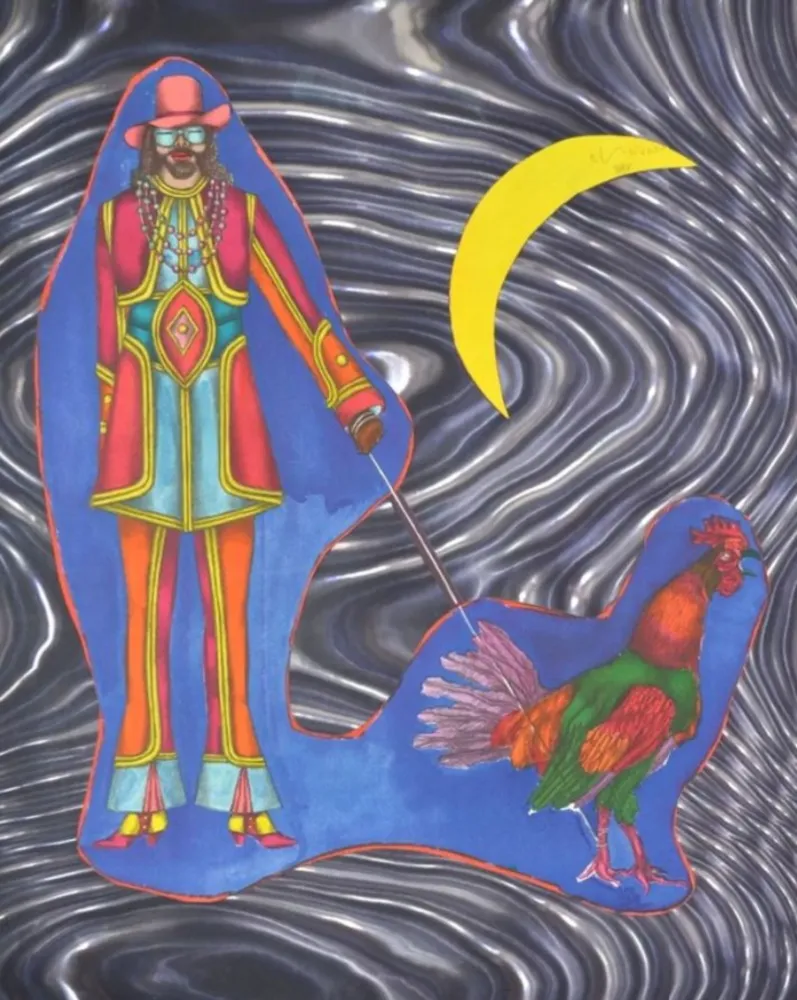 Lithografie Lindner - Man Walking a Rooster