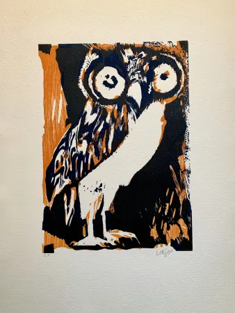 Houtsnede Lorjou - Les animaux  : Chouette orange