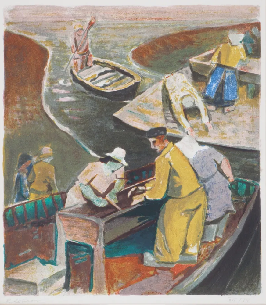 Lithografie Lotiron - Bretagne, le détroquage des huitres