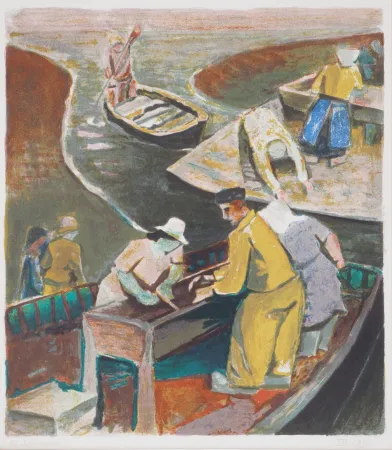 Lithografie Lotiron - Bretagne, le détroquage des huitres