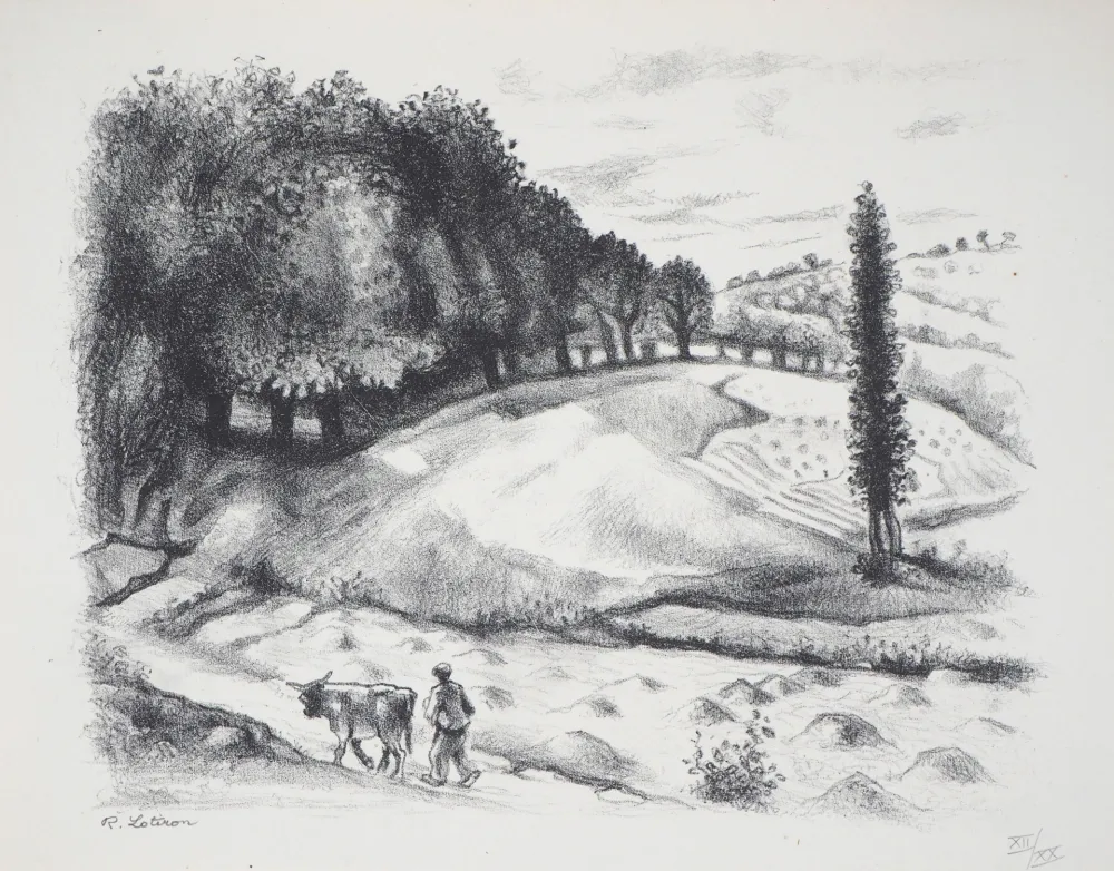 Lithografie Lotiron - Homme et vache dans un paysage