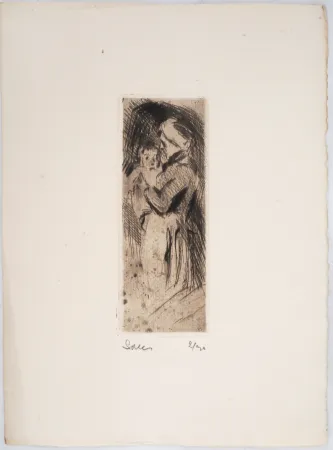 Droge Naald Luce - Maximilien LUCE -Grand-mère cajolant son petit-enfant Vers 1890 -Gravure originale signée