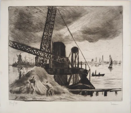 Droge Naald Luce - Maximilien LUCE - Grue du port de Rotterdam Vers 1890 -Gravure originale signée