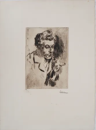 Droge Naald Luce - Maximilien LUCE - Homme à la cigarette ( portrait de Jean Peské) Vers 1895 - Gravure originale signée