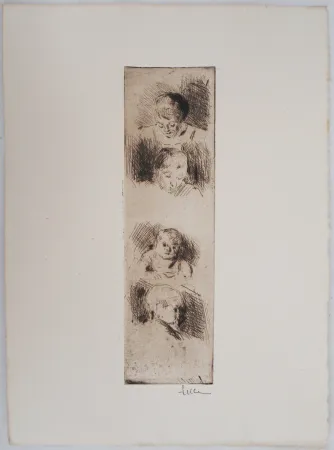 Droge Naald Luce - Maximilien LUCE - La Fratrie (Etude de quatre enfants) Vers 1890 - Gravure originale signée