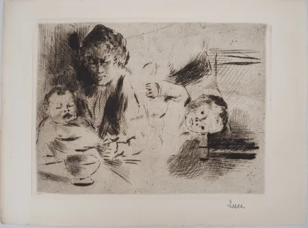 Droge Naald Luce - Maximilien LUCE - Maternité : le repas et le coucher de l'enfant Vers 1895 - Gravure originale signée