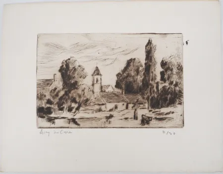 Droge Naald Luce - Maximilien LUCE - Paysage champêtre ( village de Bessy-sur-Cure)  - Gravure originale signée