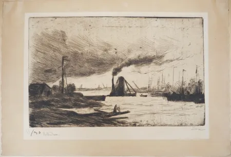 Droge Naald Luce - Maximilien LUCE - Rotterdam, voiliers à quai et  fumée dans le port Vers 1890 - Gravure originale signée
