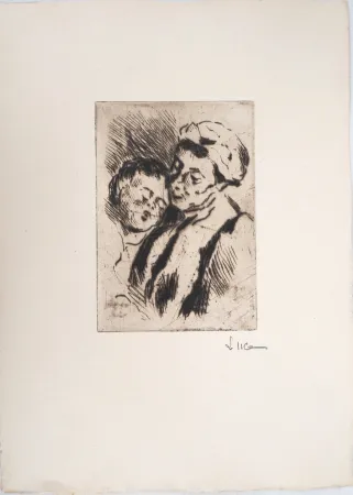 Droge Naald Luce - Maximilien LUCE - Tendresse entre la grand-mère et l'enfant - Gravure originale signée