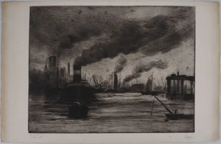 Droge Naald Luce - Maximilien LUCE - Vue du port de Rotterdam Vers 1890-1895 - Gravure originale signée