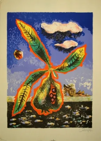 Lithografie Lurcat - Frucht mit Blättern in phantastischer Landschaft