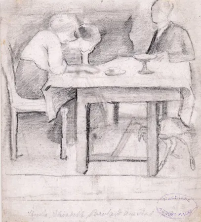 Geen Techniek Macke - Christa, Elisabeth, Bernhard am Tisch. Verso: Geburtstagstisch für Sofie Gerhardt.