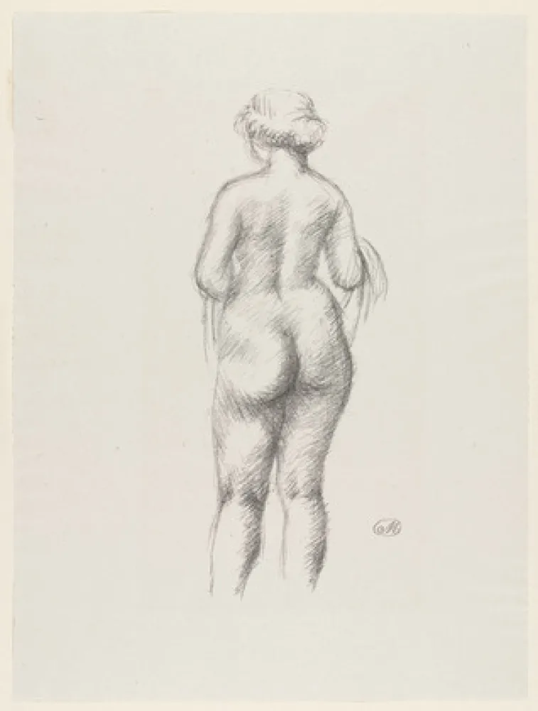 Lithografie Maillol - Femme nue de dos tenant une echarpe 