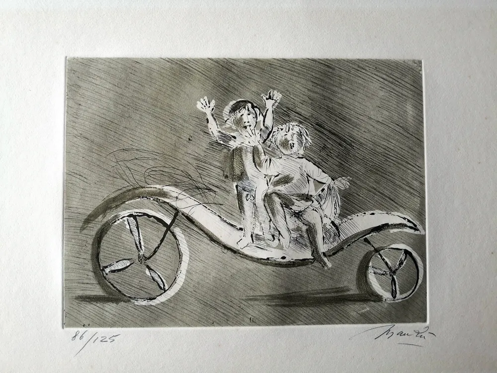 Ets En Aquatint Manzu - Mileto and Giulia in a green carriage