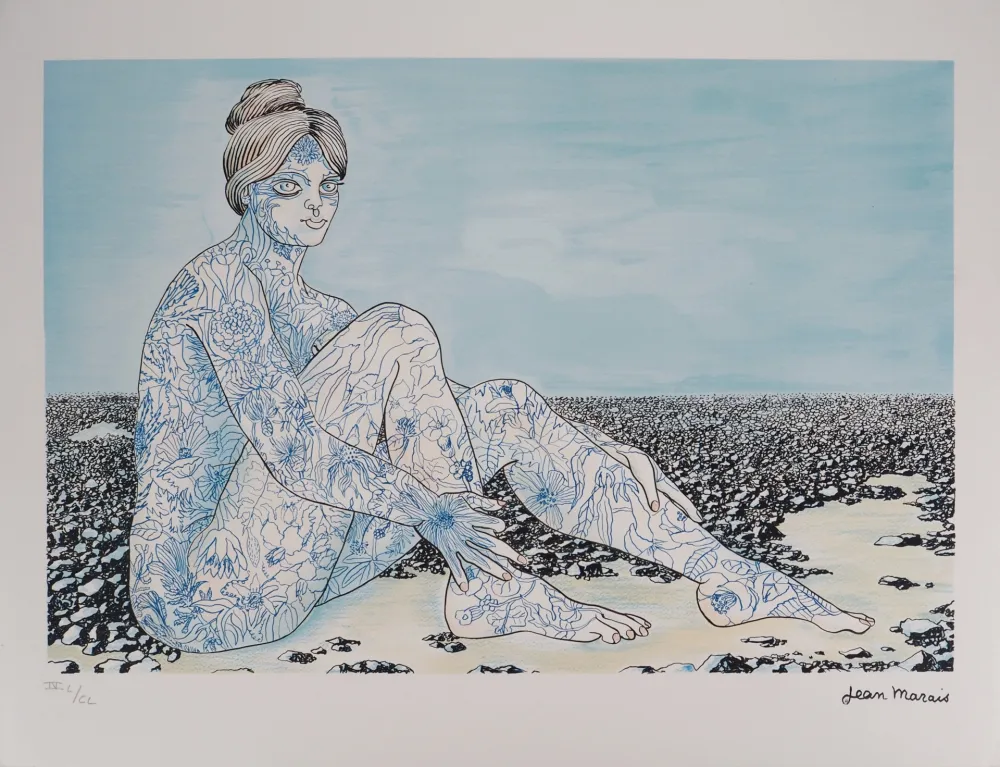 Lithografie Marais  - Fusion avec la nature, Femme aux tatouages de fleurs