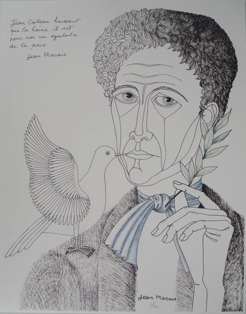 Lithografie Marais  - Jean Cocteau à la colombe et au rameau, Homme de Paix