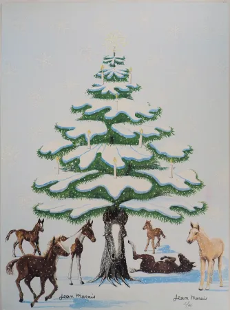 Lithografie Marais  - Sapin de Noel enneigé et Chevaux