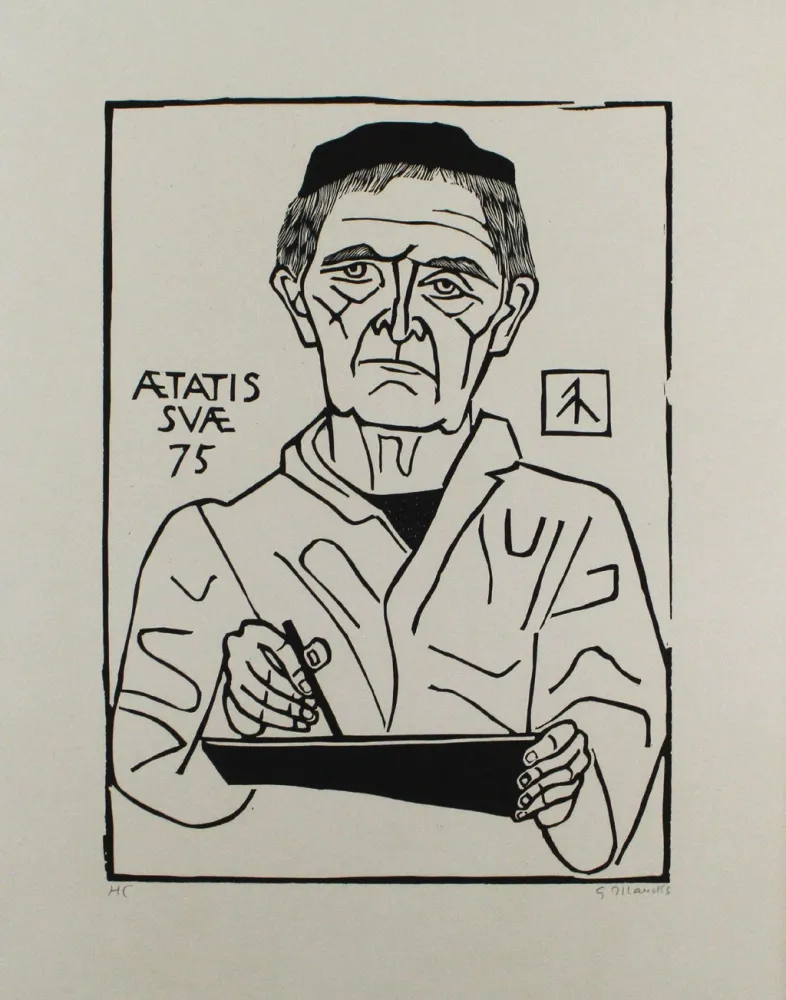 Linosnede Marcks - Selbstbildnis von vorn (Halbfigur)