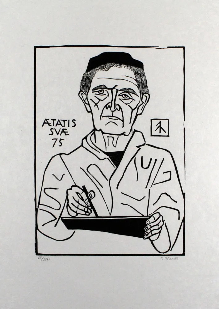 Linosnede Marcks - Selbstbildnis von vorn (Halbfigur)