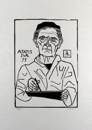 Linosnede Marcks - Selbstbildnis von vorn (Halbfigur)