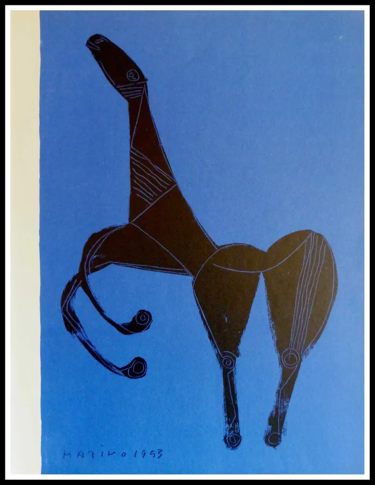 Lithografie Marini - CHEVAL SUR FOND BLEU