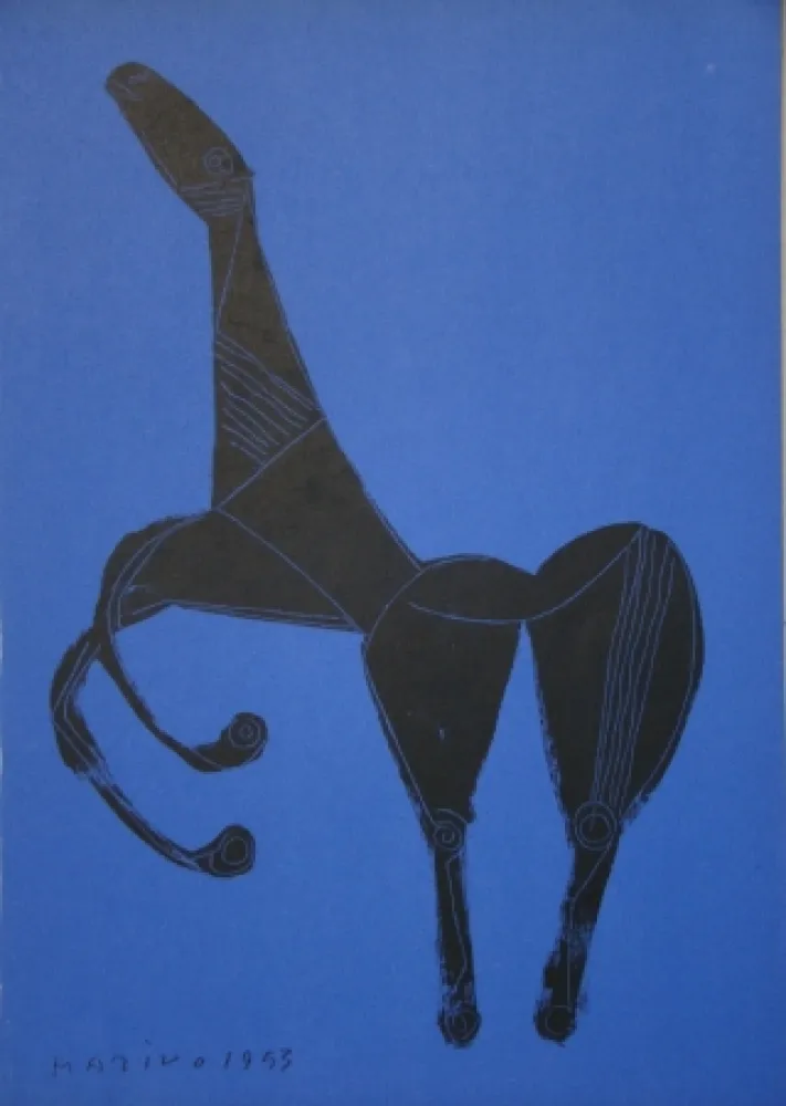 Lithografie Marini - Cheval sur fond bleue