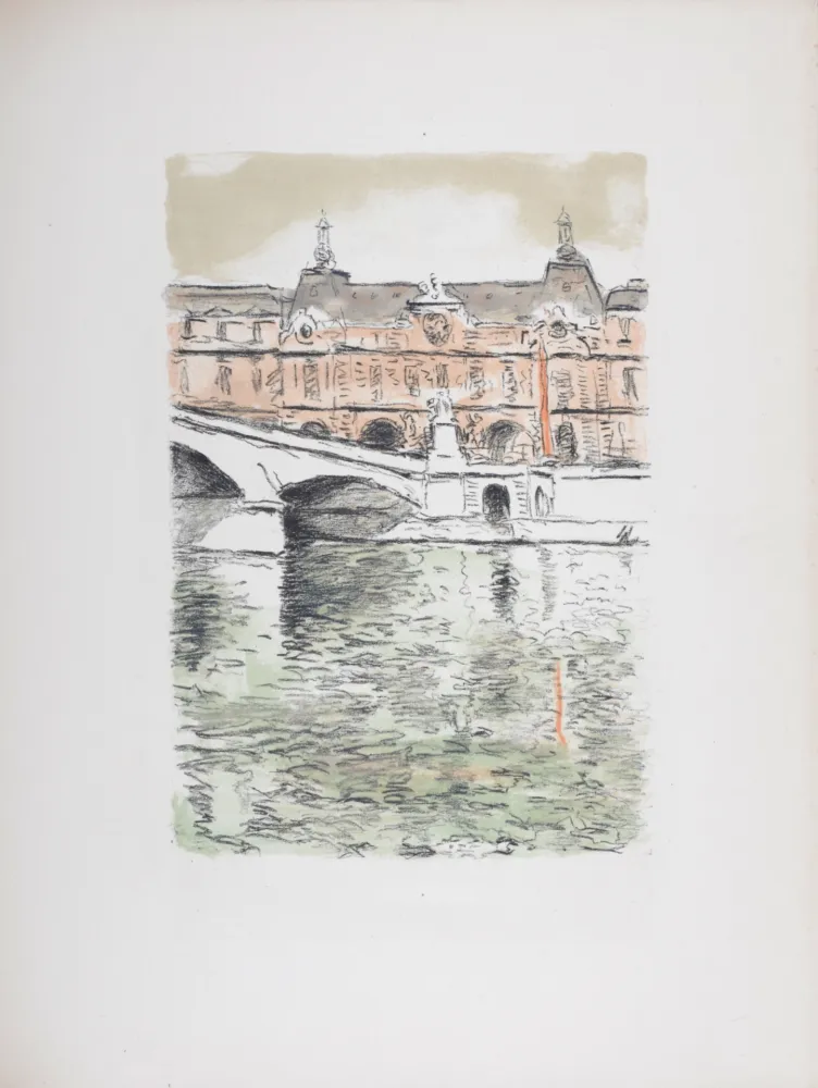 Lithografie Marquet - Le Pont du Carrousel et le Louvre