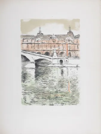 Lithografie Marquet - Le Pont du Carrousel et le Louvre