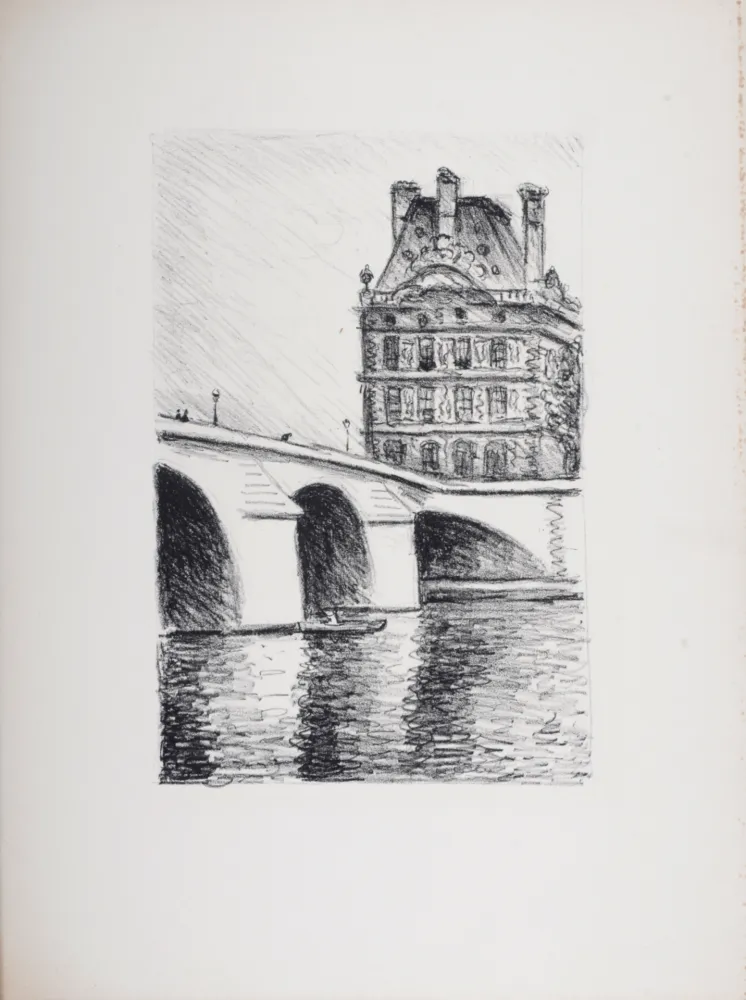 Lithografie Marquet - Le Pont Royal et le Louvre, 1950