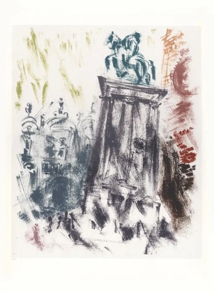 Lithografie Masson - Statue du Colleone le soir (Voyage à Venise)