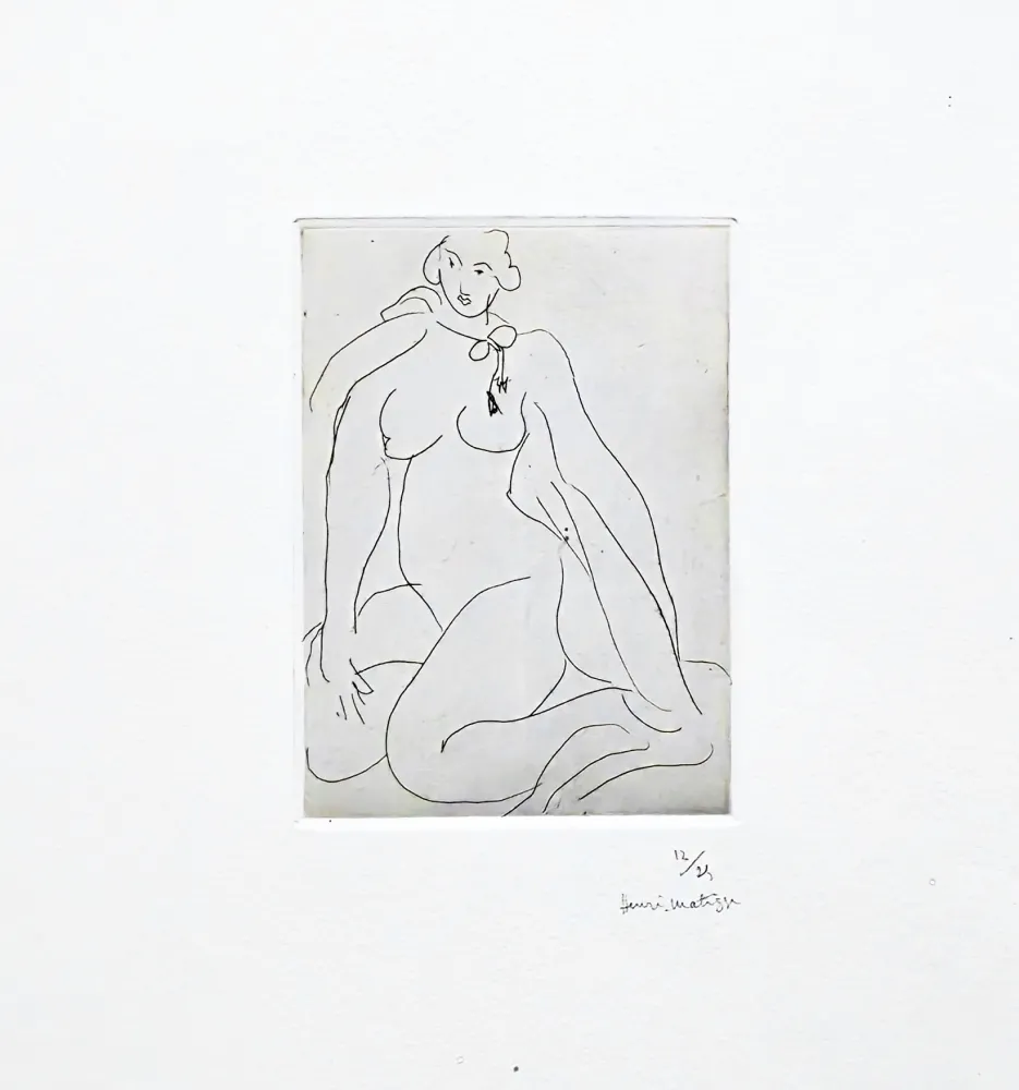 Gravure Matisse -  Nu accroupi, une cordeliers nouée autour de cou 