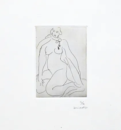 Gravure Matisse -  Nu accroupi, une cordeliers nouée autour de cou 