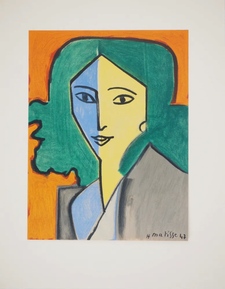 Lithografie Matisse - Portrait bleu, vert et jaune