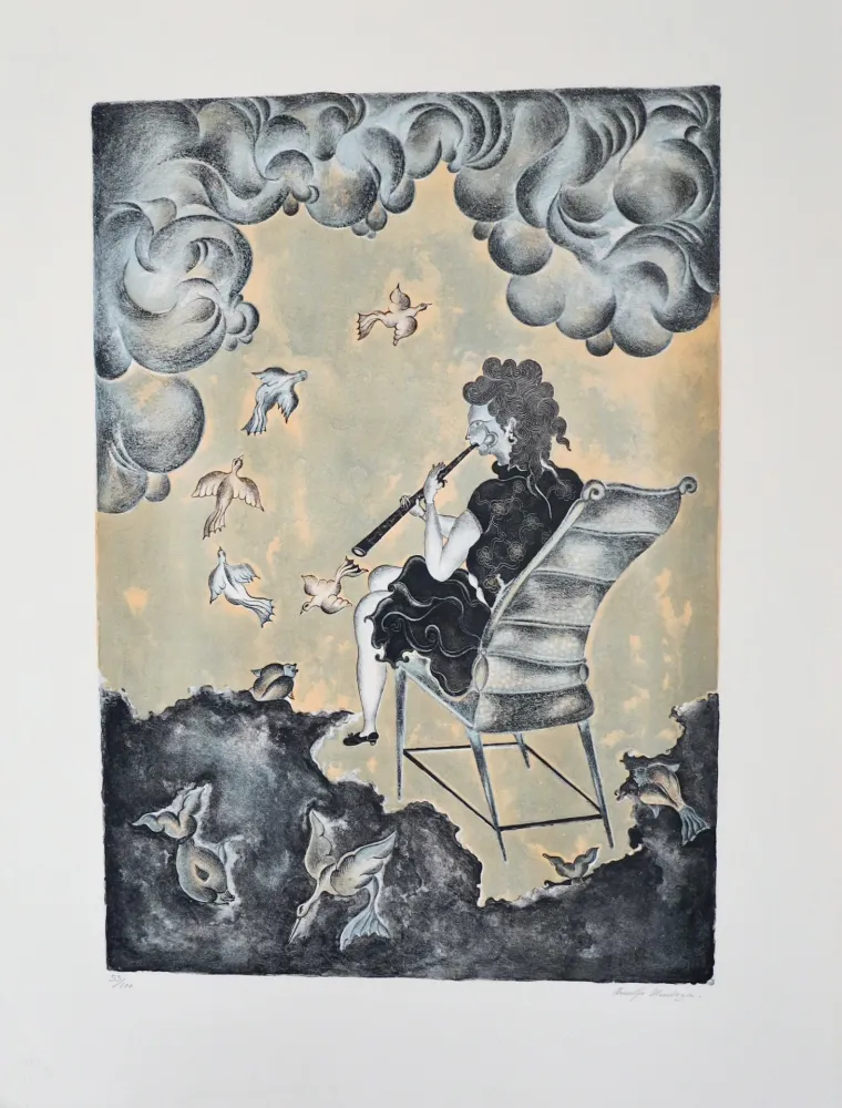 Lithografie Mendoza - La mujer de la magia musical (en azul)