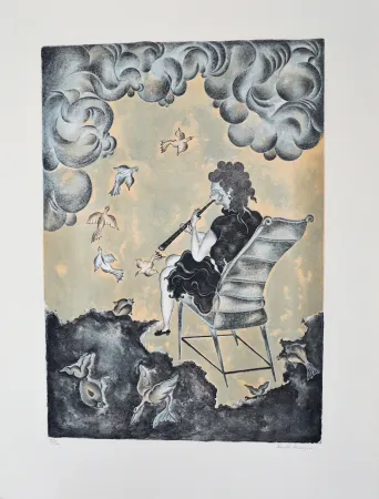 Lithografie Mendoza - La mujer de la magia musical (en azul)