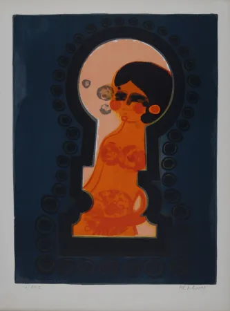 Lithografie Menguy - La serrure, Les Angéliques, 1975