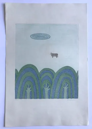 Aquatint Minami - Sans titre (3 arbres et 1 vache)