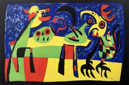 Lithografie Miró - CHIEN ABOYANT À LA LUNE. Rare épreuve à plat (1952)