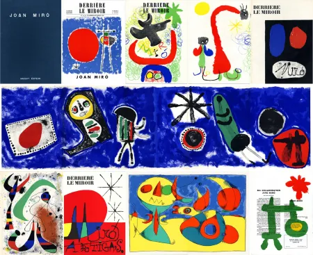 Geïllustreerd Boek Miró - DERRIÈRE LE MIROIR n° 14-15 (Nov-Décembre 1948) + n° 29-30 (Mai 1950) + n° 57-58-59 (Juin 1953) + n° 87-88-89 MIRO ARTIGAS (Juin-Juillet-Août 1956). 25 LITHOGRAPHIES ORIGINALES. ALBUM MAEGHT ORIGINAL.