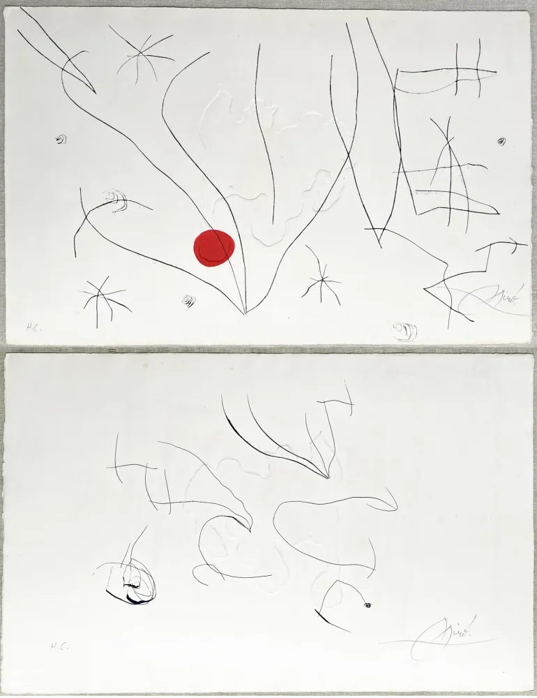 Ets En Aquatint Miró - L'ISSUE DÉROBÉE. Pointe sèche, aquatinte et gaufrage, signée à double face (1974)