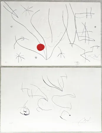 Ets En Aquatint Miró - L'ISSUE DÉROBÉE. Pointe sèche, aquatinte et gaufrage, signée à double face (1974)