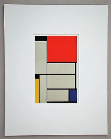 Lithografie Mondrian - Compositie met rood, geel, blauw, zwart en grijs