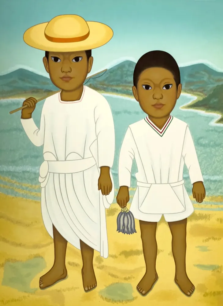 Zeefdruk Montoya - Pescadores, dos ninos con arte de pesca