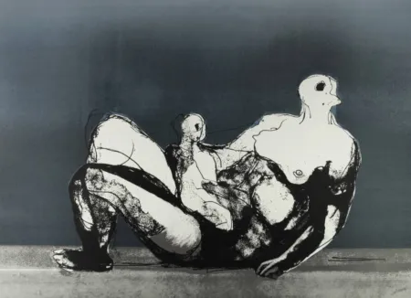 Lithografie Moore - Reclining Mother and Child with Blue Background