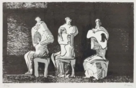 Lithografie Moore - Three seated figures in setting