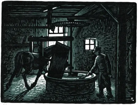 Houtsnede Moreau - LA MEULE A BLE / CORN MILLSTONE - Bretagne / Brittany - France - 1908